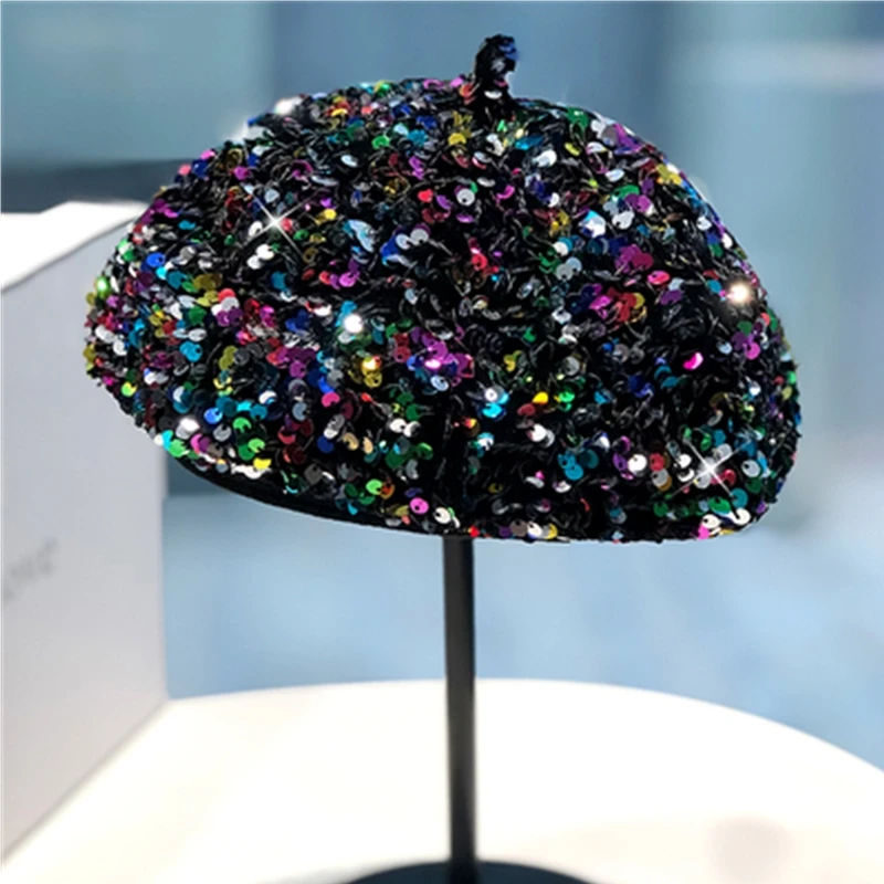 2021 new sequin beret women's spring fashion trend in Europe and America elegant temperament octagonal painter hat cap hat