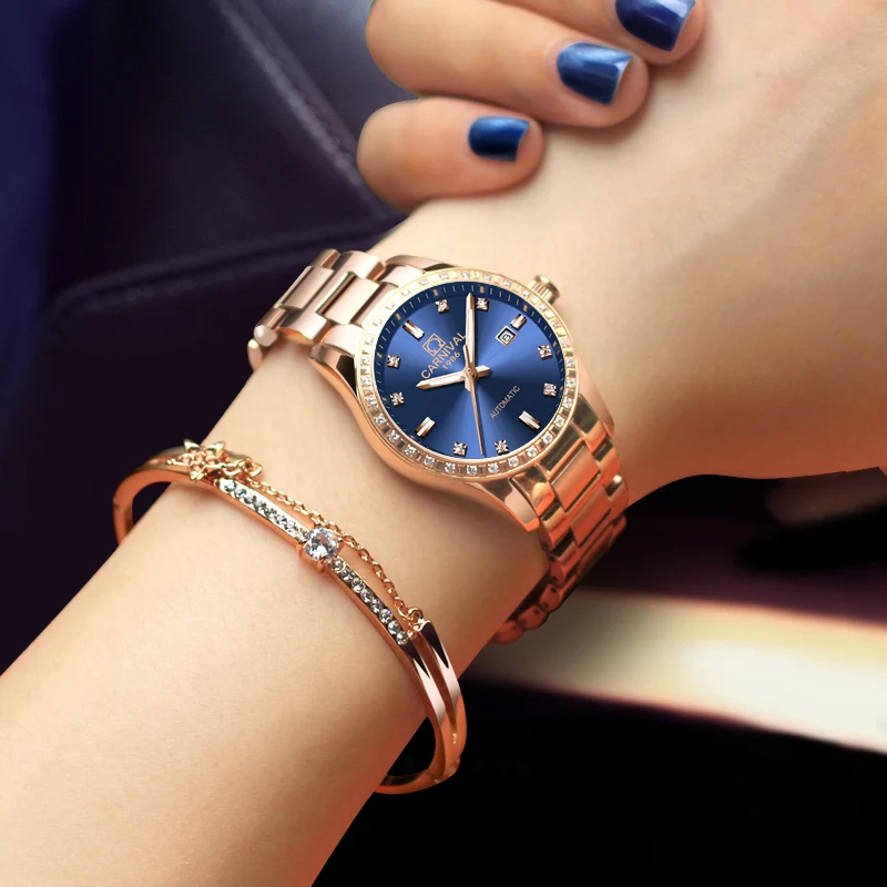 CARNIVAL Brand New Luxury Rose Gold Blue Mechanical Watch for Women Stainless Steel Waterproof Calendar Fashion Womens Watches