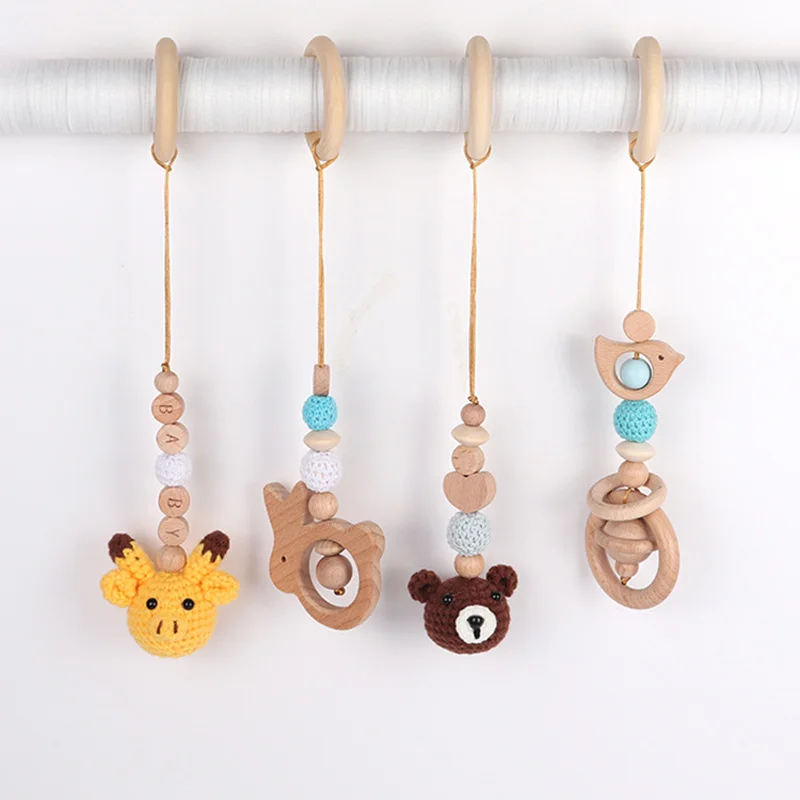 4Pcs/Set Baby Wooden Bear Rabbit Rattle Toys Hanging Play Gym Wood Crochet Pendant Teether Accessories Nursing Stroller Toys