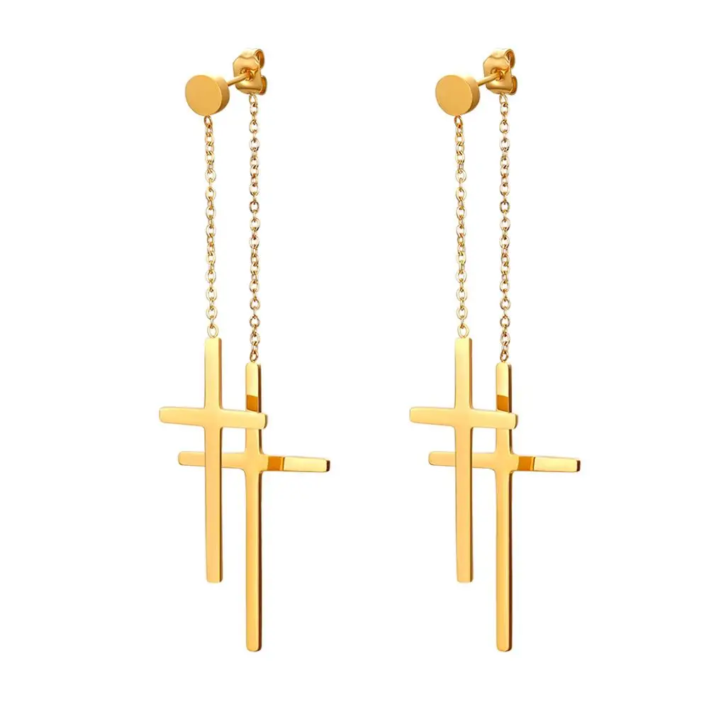 Boniskiss Fashion Tassel Double Cross long Drop Earrings Gold Silver Color Stainless Steel Woman Party Christmas Gift Jewelry