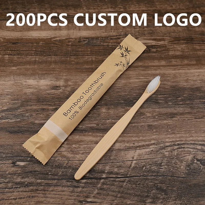 200 pçs por atacado logotipo personalizado escova de dentes de bambu portátil adulto criança macio escova de dentes viagem casa hotel reutilização escova de dentes