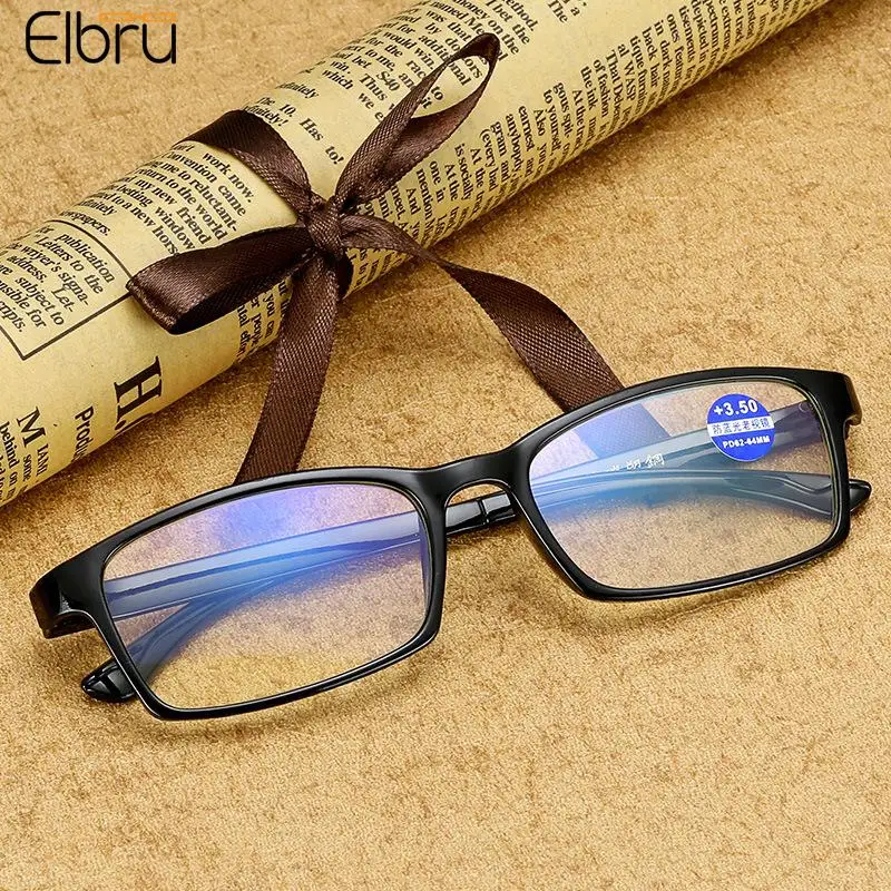 Elbru Diopters+1+1.5+2+2.5+3+3.5+4 Small Square Reading Glasses Ultralight Anti Blue Rays Women Men Presbyopia Eyeglasses Goggle