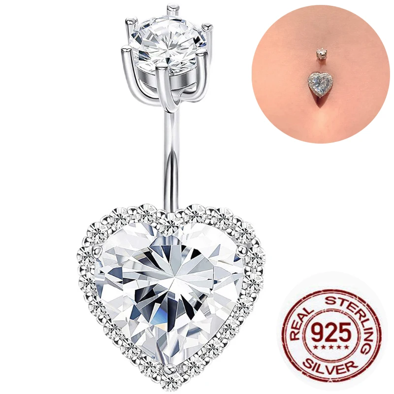 925 Sterling Silver Belly Button Ring Women Fine Jewelry Heart CZ Body Piercing Jewelry  6 8 10 mm Navel Bar Zircon Stones