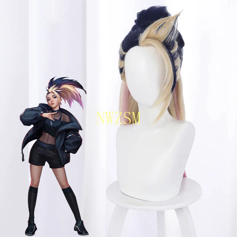 Game LOL KDA The Baddest Akali Role Play Mixed Color Ponytail Long Heat Resistant Synthetic Hair Halloween Party Cosplay Wig