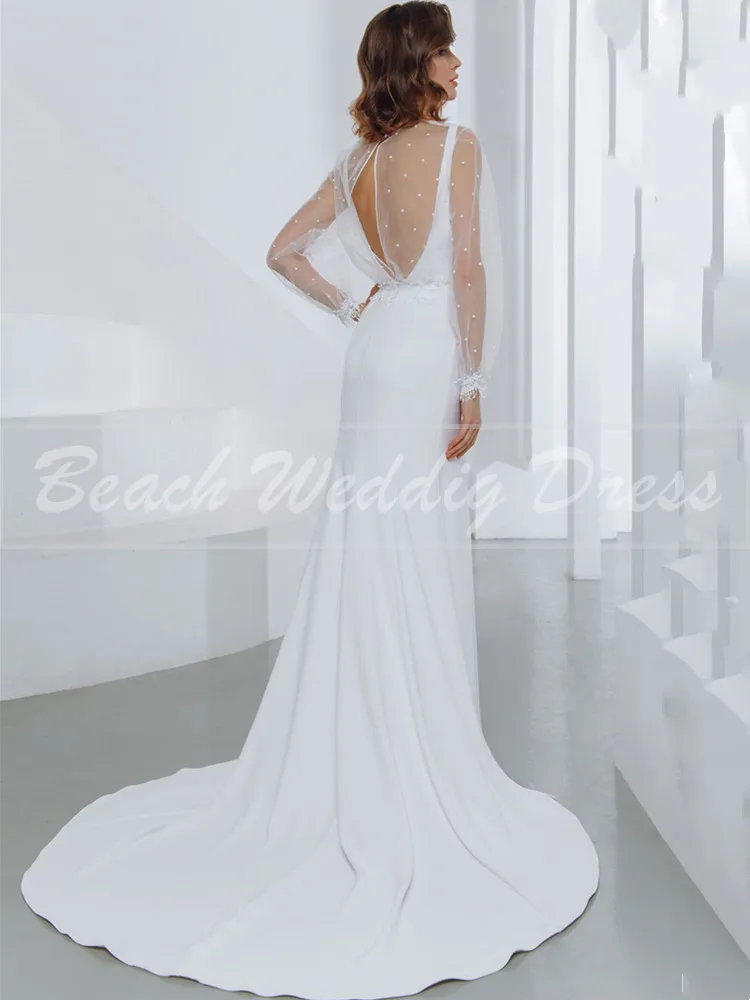 Long Sleeve High Neck Mermaid Wedding Gowns 2021 Vintage Backless Sweep Train Soft Satin Wedding Dresses For Women Custom Made