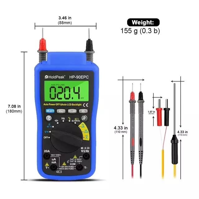 HoldPeak  HP-90EPC Multimetro Auto Range Digital Multimeter Meter with USB Cable to connect PC and Output & Record Data