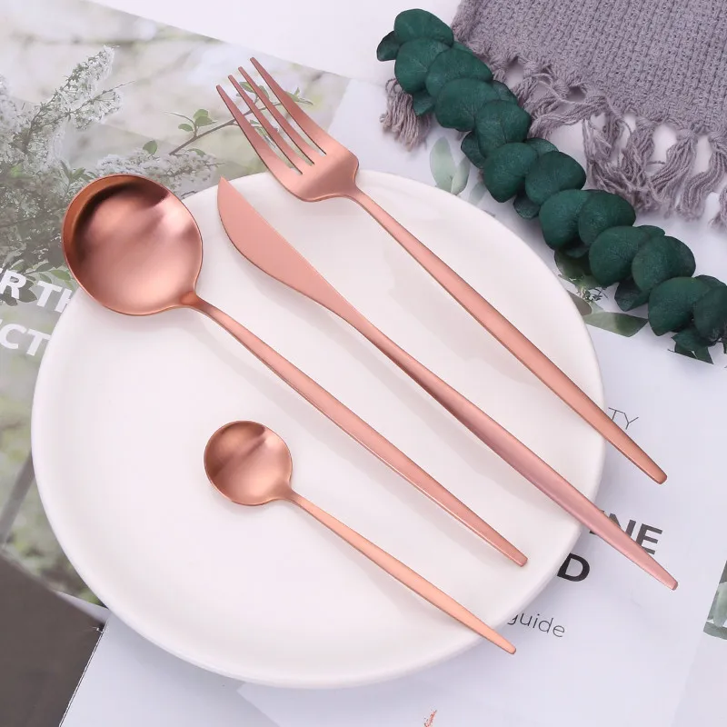 Cutlery Set Stainless Steel Dessert Knifes Forks Set Rose Gold Western Kitchen Dinnerware Set Matte Spoons Chopsticks Tableware