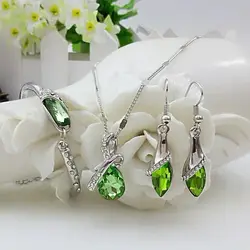 QiLeSen Fine jewelry 925 sterling silver suitable for ladies set, Glass shoes crystal green Necklace Earring bracelet Set YW157