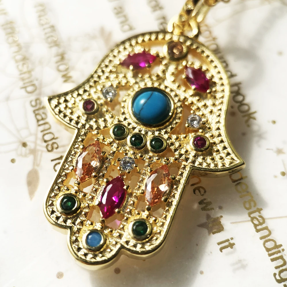 Charm Necklace Golden Hand of Fatima Summer Brand New Vintage Fine Jewelry Europe 925 Sterling Silver Turquoise Gift For Women