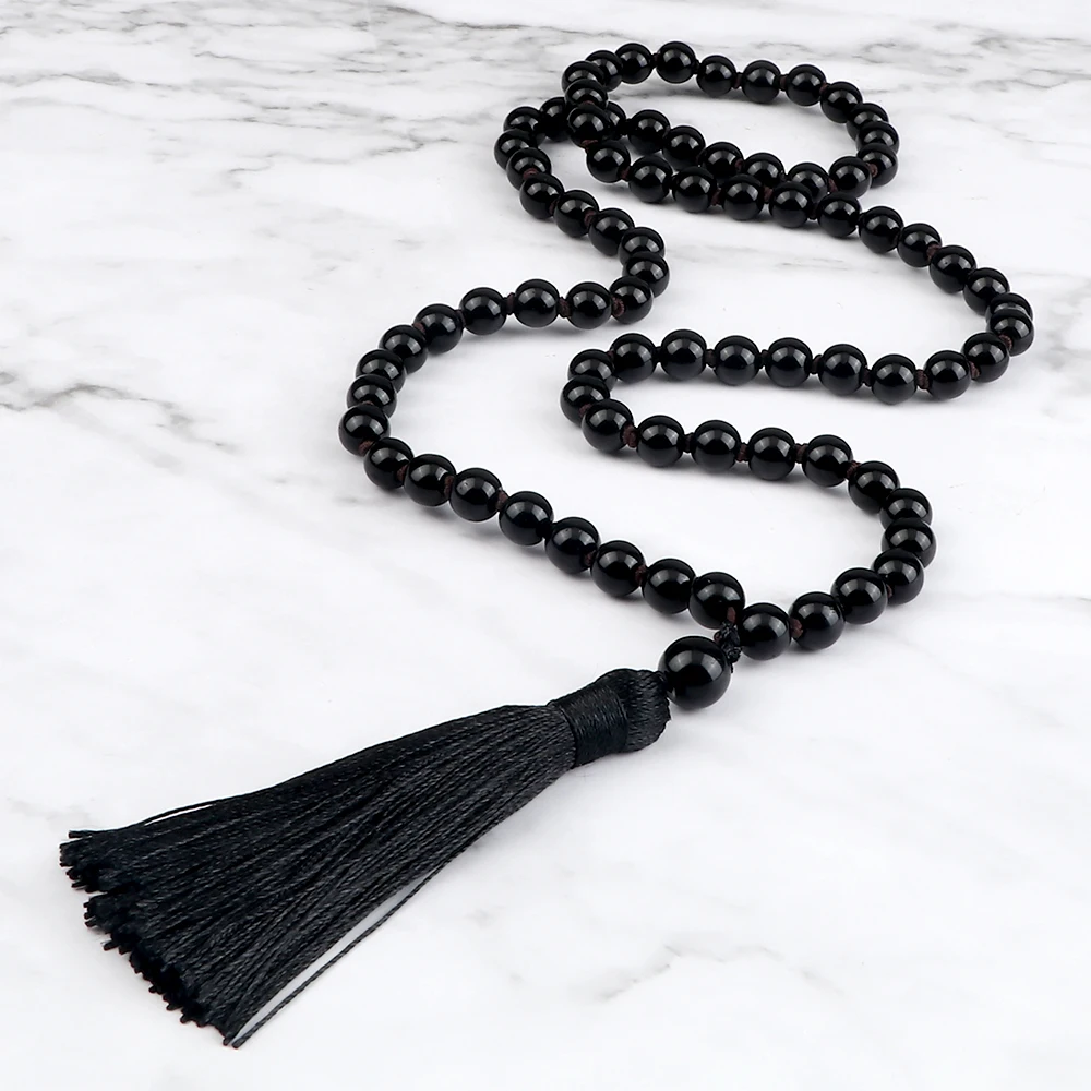 Obsidian Meditation Beaded Necklaces 6/8mm Shiny Black Onyx Men Knotted Stone Tribal Tassel Yoga Necklace Women Bohemian Jewelry