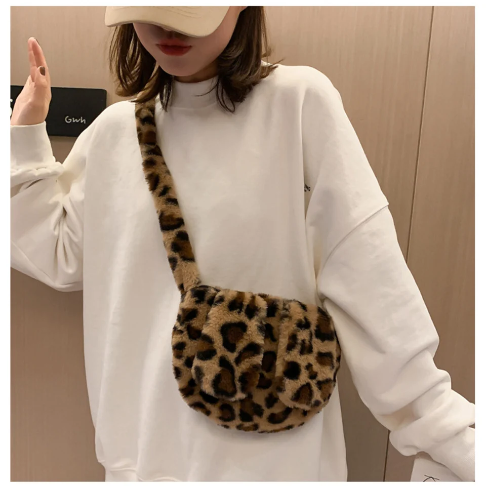 Leopard Print Faux Fur Women Shoulder Bag With Rabbit Ears Soft Winter Cute Plush Hand Bags For Women Fluffy Crossbody Bag Sac