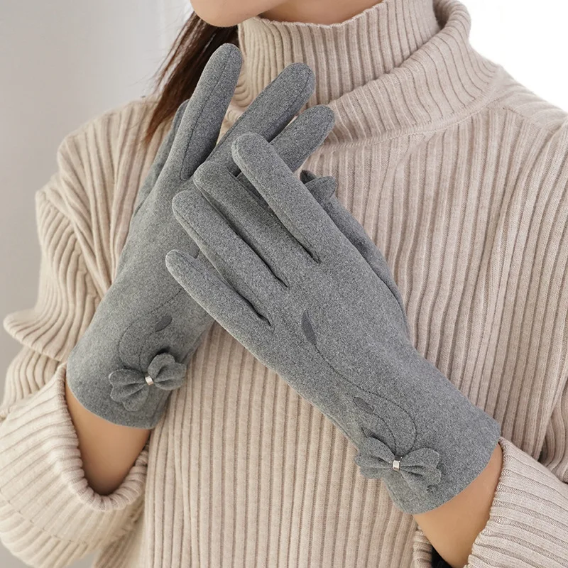 Winter Women Keep Warm Plus Velvet Touch Screen Bow Embroidery Gloves Thin Fleece Simple Soft Cute Lovely Drive Cycling