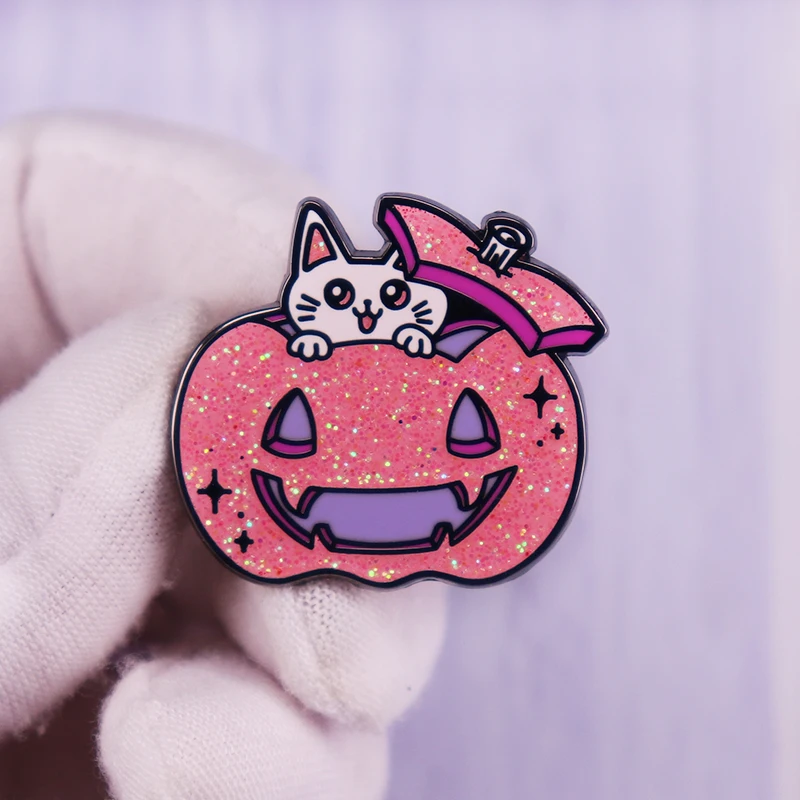 

Glitter pink Pumpkin Cat Enamel Pin Brooch Halloween Kawaii kitten lantern badge Art Accessory Jewelry