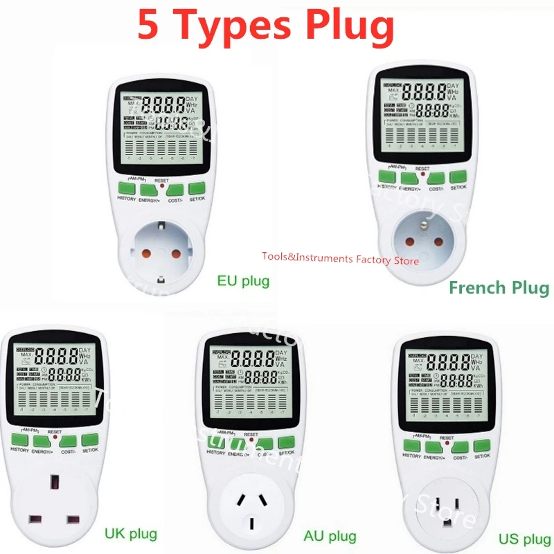 Digital LCD Energy Meter Wattmeter Wattage Electricity Kwh Power Meter EU French US UK AU Plug Measuring Outlet Power Analyzer