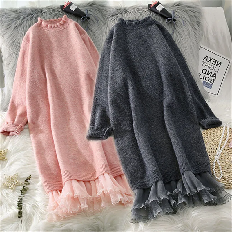 Spliced Lace Sweater Dress Women 2024 Autumn Winter New Korean Loose Long Bottoming Shirt Warm Ladies Knit Sweater Pullovers