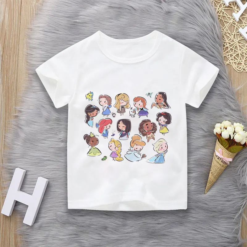 Unisex Summer Children\'s Clothing Princess Cute Cartoon Boy And Girl T-shirt Aesthetics Fun Kid Top Crew Neck White Short Sleeve