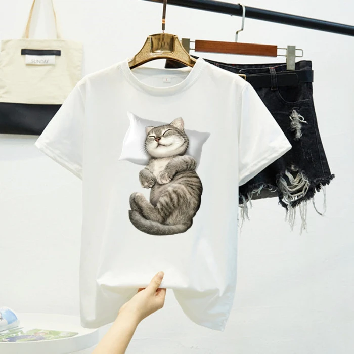 Funny Cat Black Tshirt Women 8 Colors Oversized Funny T Shirt Short Sleeve Cute Kawaii Tops Tees Femme Camisetas Verano Mujer