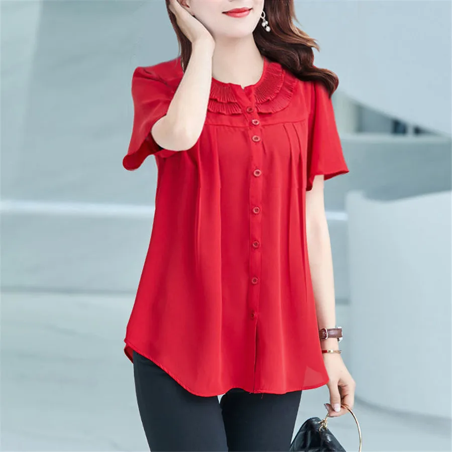 Women Blouses Basic Selling Button Solid 2023 summer short Sleeve Shirt Female Chiffon Women\'s Slim Clothing Plus Size Tops