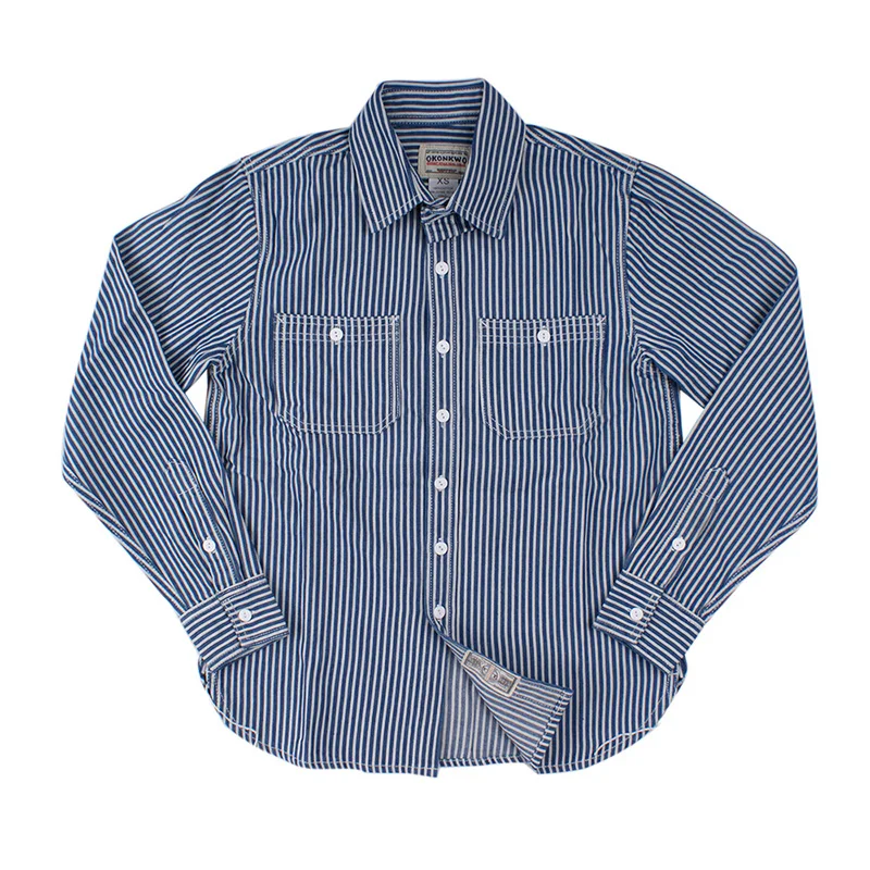 Vintage Striped Wrok Shirts For Men Fall Casual Railroad Retro Long Sleeve Western Worker Shirt Slim Fit