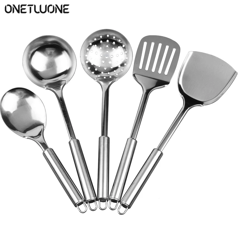 5pcs Stainless Steel Cooking Tools Spoon Shovel Cookware Frying Shovel Colander Noodle Spaghetti Spoon Kitchen Cooking Tools