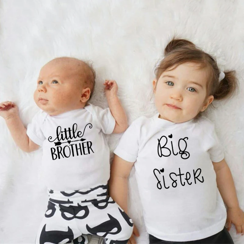 Hot Wholesale Cotton Little Brother Romper Big Sister Tshirt Family Matching Clothes Infant Baby Boys Girls Short Sleeve Outfit