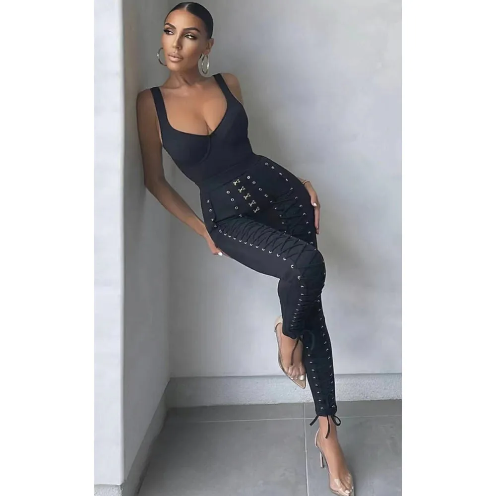 Hot Women Winter Fashion Sexy V Neck Black White Eyelet Bodycon Bandage Jumpsuit 2021 Celebrity Designer High Street Rompers