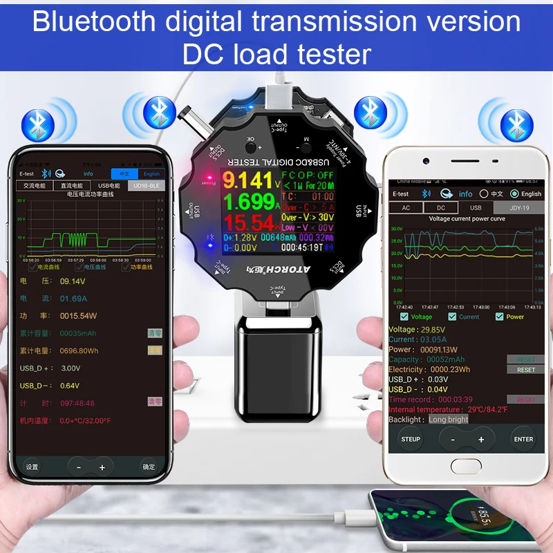 Imagem -03 - App Bateria Tester Carga Eletrônica 18650 Capacidade Monitor Indicador de Carga Descarga Usb Medidor dc 12v Fonte Alimentação Verificador Cor