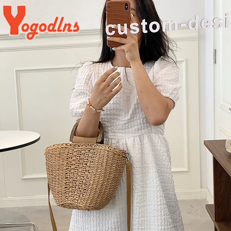 Summer Straw Bucket Bag Female Large Capacity Beach Bags Rattan Handmade Crossbody Bag Vacation Tote Woven Handle Bag