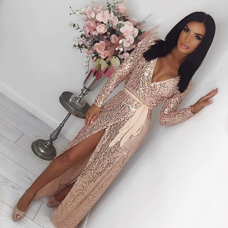 Sexy Rose Gold Party Dress Women Knot Deep V Neck Sequin Club Wear Bandage High Slit Long Sleeve Pink Dress 2024