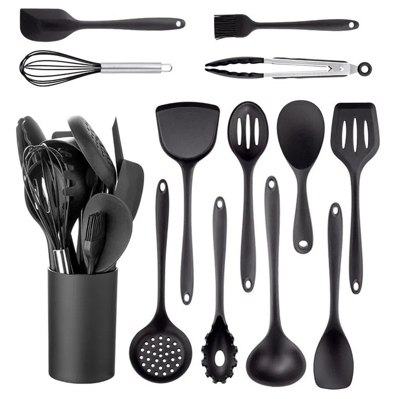 JANKNG Black Silicone Kitchenware Non-stick Cooking Tool Spatula Ladle Egg Beaters Shovel Soup Cookware Utensil Kitchen Cookware