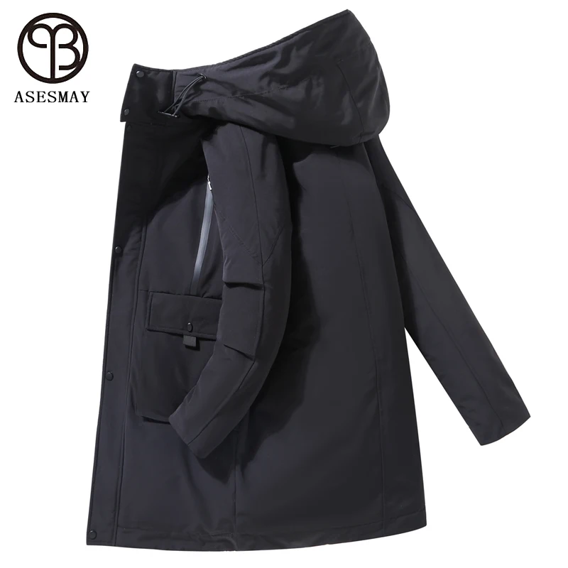 Asesmay 2021 nova chegada dos homens para baixo jaqueta engrossar longo inverno masculino casaco à prova dwaterproof água quente casual parkas com capuz agasalho outwear