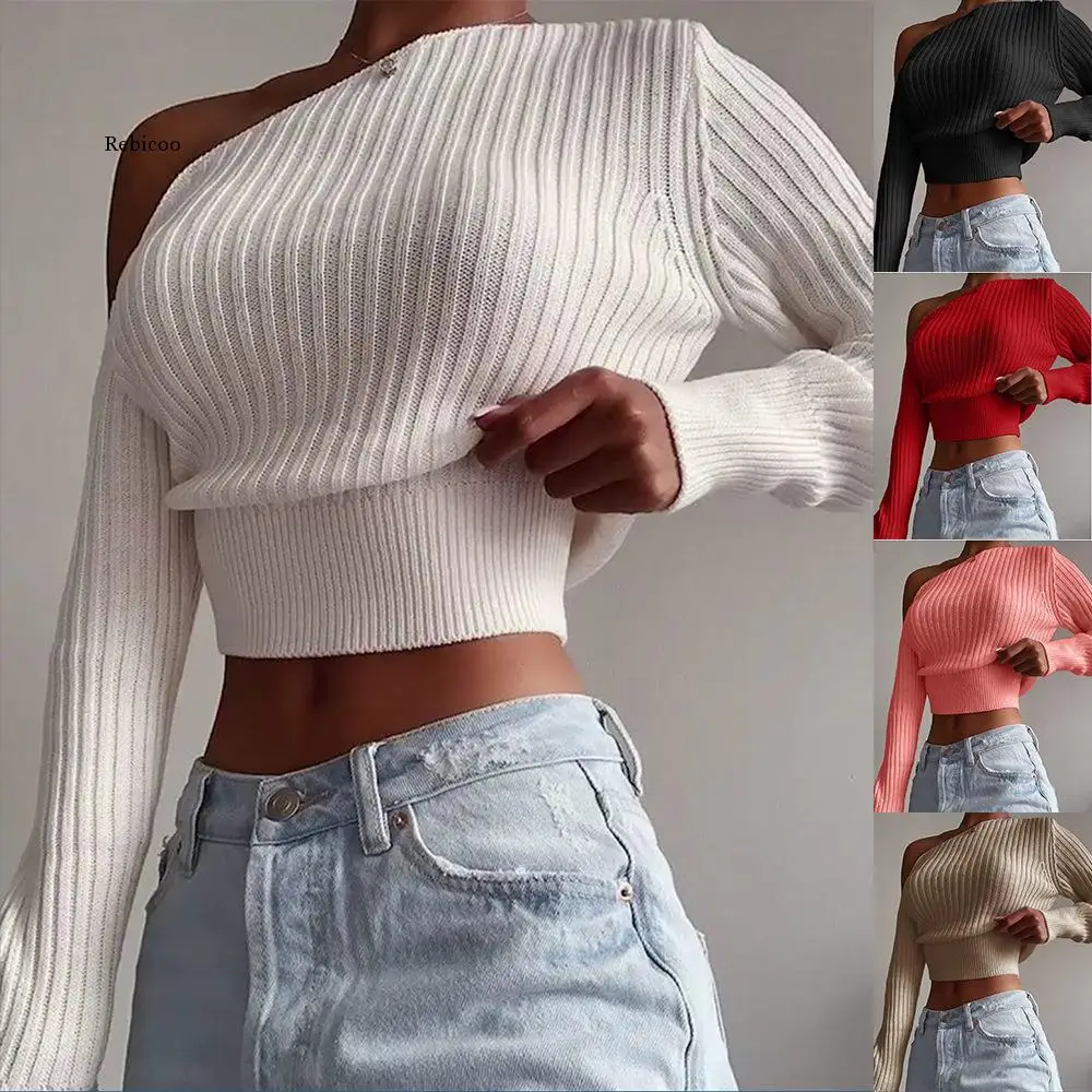 New Sexy Off Shoulder Women\' Sweater Jumper Spring Long Sleeve Knitted Crop Tops Fashion Solid Lady Pullover Sweaters Streetwear