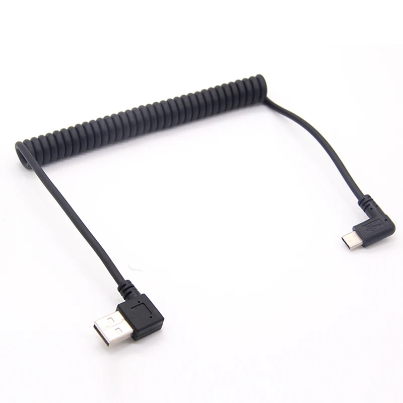 USB2.0 Left Right Angled 90 Degree Male to USB-C Type C Elbow Cable Retractable Car Spring for Charger LED Data Cord 1m