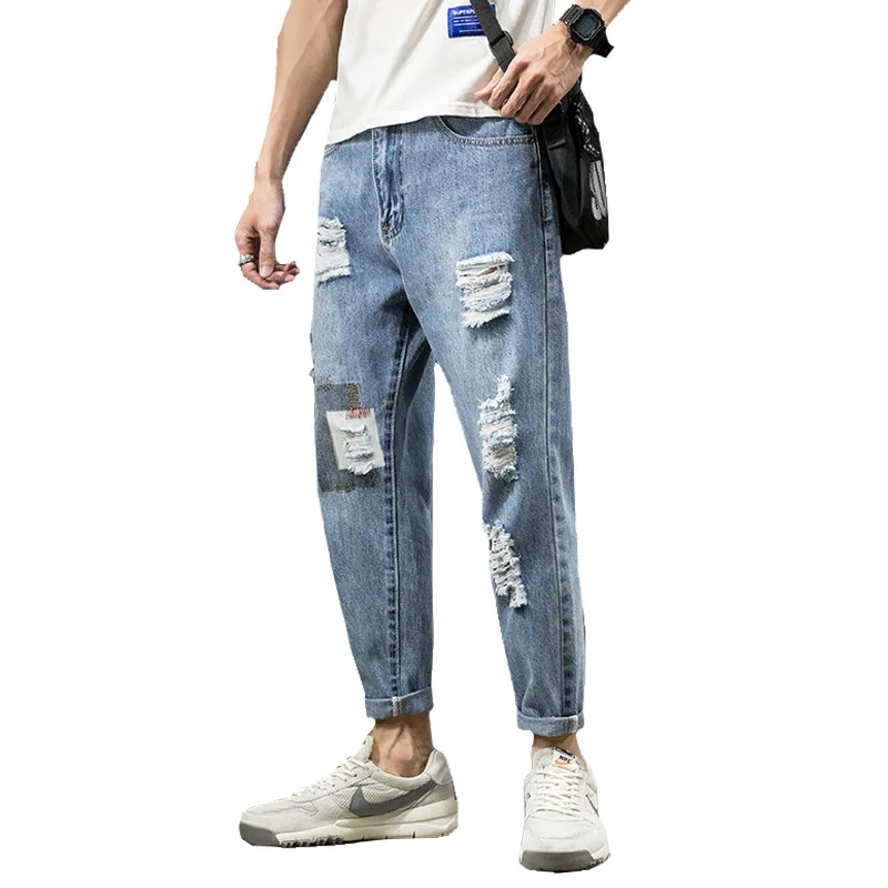 New Arrival European American High Street Fashion Men's Hole Patch Jeans Stretch Brand Trousers Casual Nine Points Denim Pants