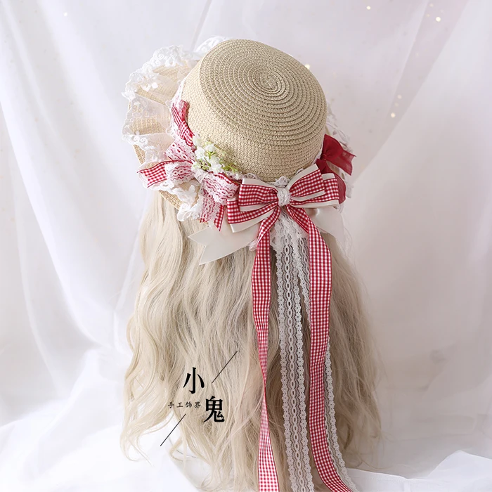 Lattice Lolita Straw Hat Japanese Wild Hipster Pastoral Long Streamers Sweet Bow Sunshade Hat