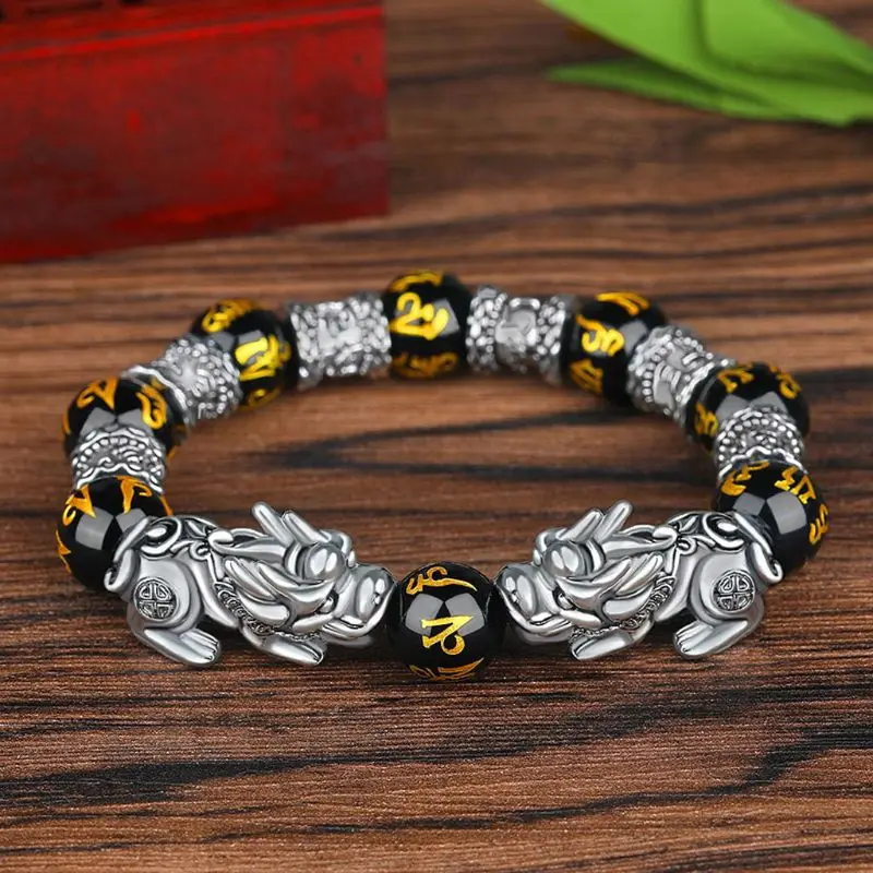 Women Men Couple Bracelet Beads PIXIU Black Obsidian Stone Buddhism Six Words Bracelet Attract Lucky Wealth Amulet Jewelry