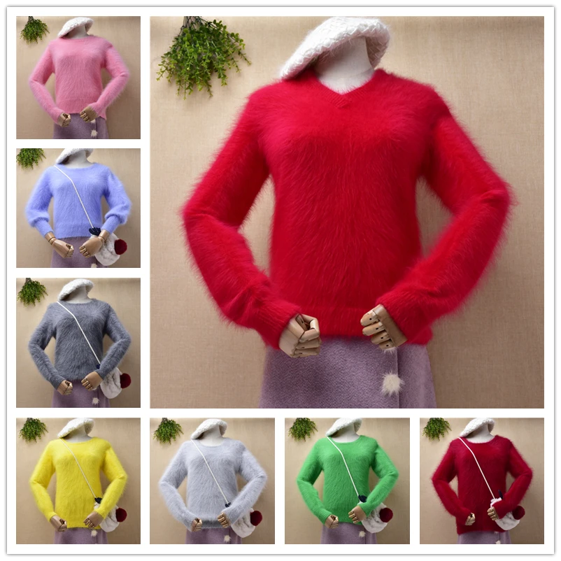 ladies women fashion colorful rainbow hairy mink cashmere knitted long sleeves slim cardigans angora fur jacket coat sweater top