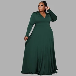 Sexy Solid Color V Neck Long Sleeved Elegant Loose Maxi Evening Dresses Fashion High Waist Plus Size Women Clothing Wholesale