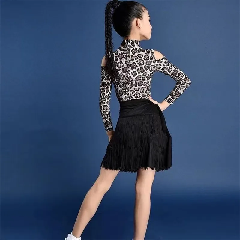 Girls Dance Costumes Dancer Dress For Women Latin Cha Cha Tassel Skirt Long Sleeve Leopard Print Patchwork Top Stage Performance