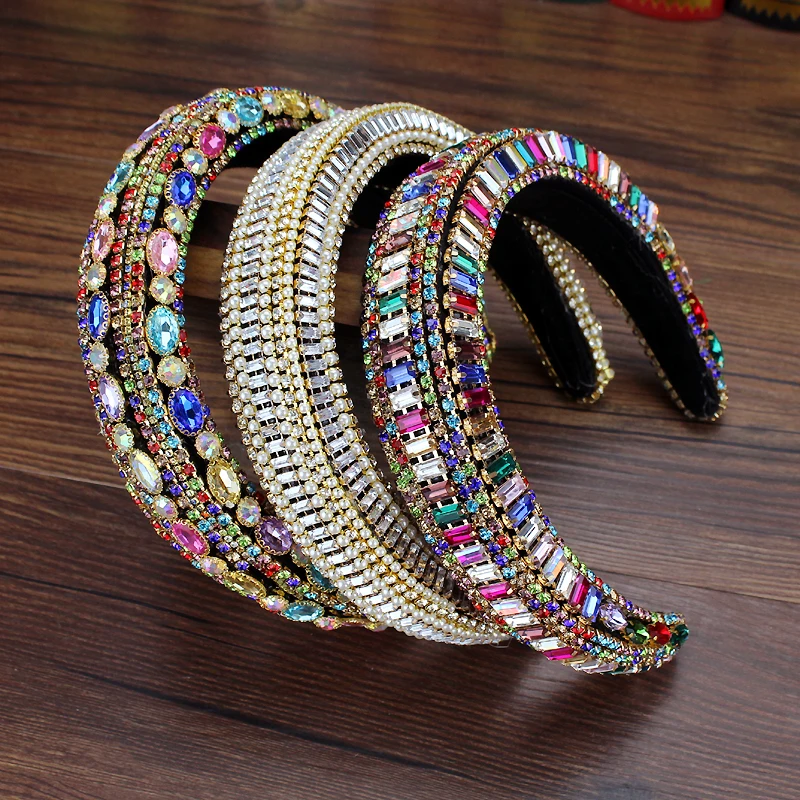 Handmade Colorful Crystal Baroque Tiara Hairbands Diamante Padded Headbands For Women Headdress Birthday Wedding Hair Jewelry