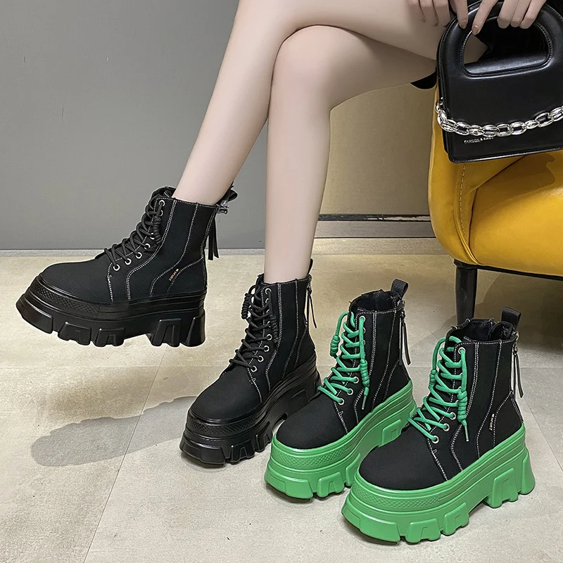 2021 Autumn Women Chunky Ankle Boots Casual Short Boots Women\'s 8cm High Heels Wedge Boots Shoes Woman Winter Platform Sneakers