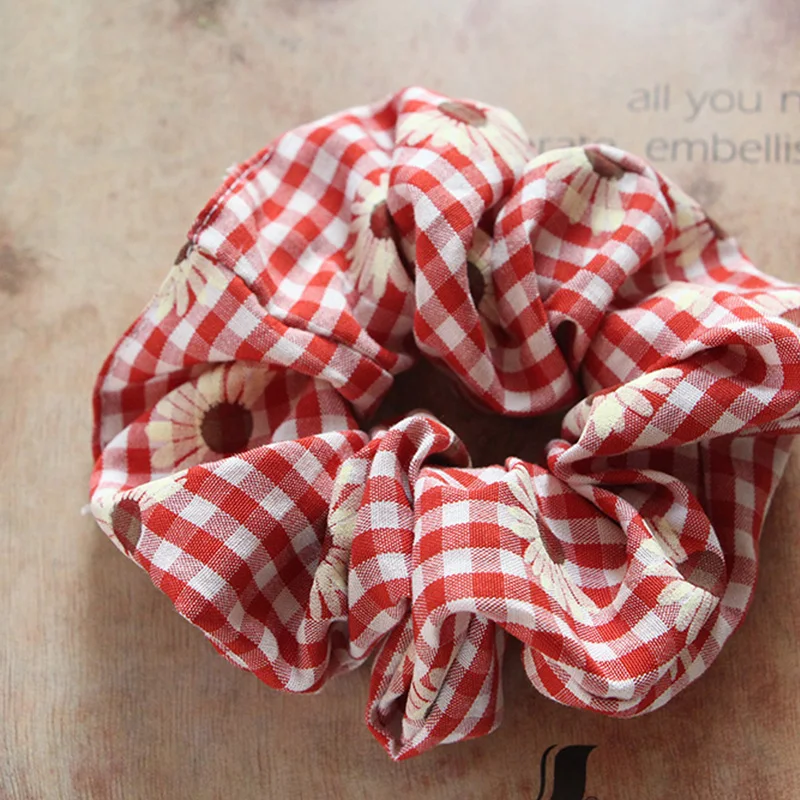 Ladies Plaid Scrunchy Lovely  Daisy Flowers Print Cotton Ponytail Rope Bands Holder Vintage Floral Hair Band  Hair Gum Scrunchie