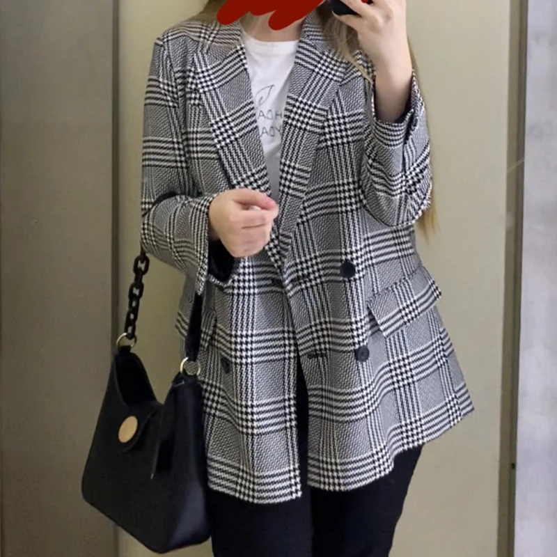 

Plaid Print Women Blazers Notched Collar Long Sleeve Spring Autumn Ladies Casual Suit Coat Double Breasted Jacket for Female