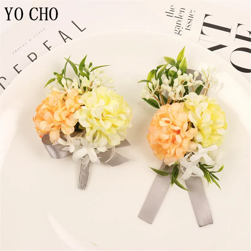 YO CHO Boutonniere Groomsmen Wedding Girl Wrist Corsage Bridesmaids Bracelet Flower Men Boutonniere Wedding Planner Corsage Pins