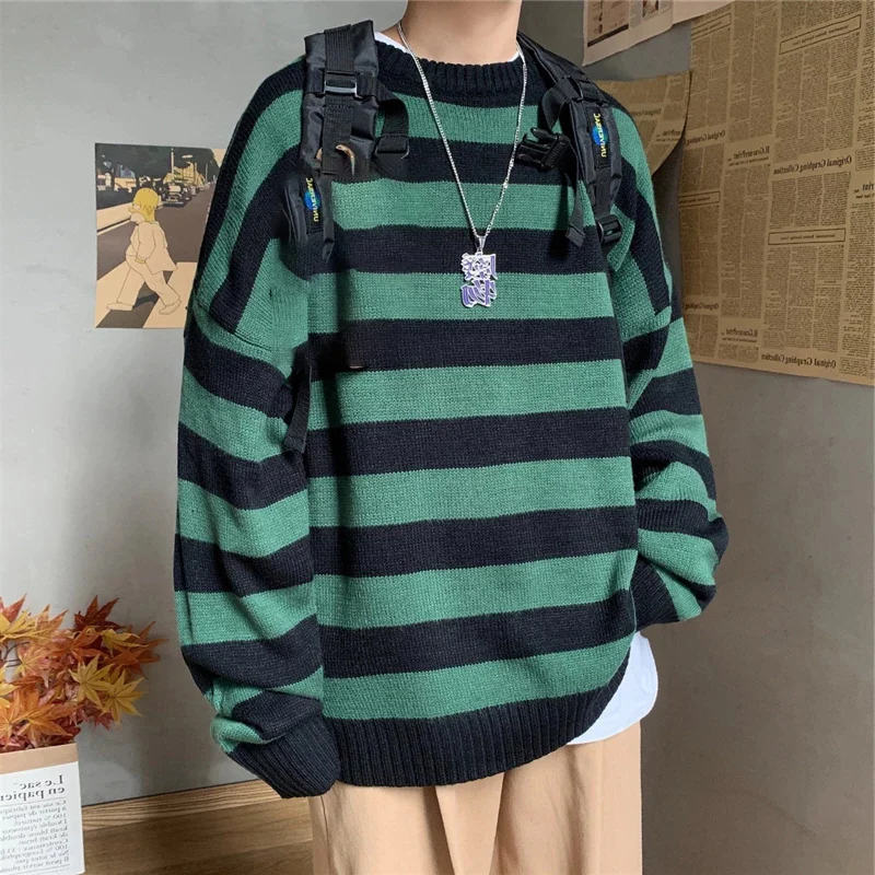 Winter Knitted Sweater Men Striped Sweaters O-Neck Pullover Male Harajuku Oversized Sweaters Women Couple Hip Hop Jumper 2022