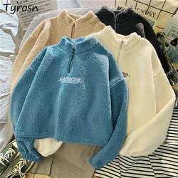 Women Hoodies Lambswool Cropped Sweatshirts Stand Collar Pullovers Soft Retro Popular Warm Fashion Casual Trendy Embroidery