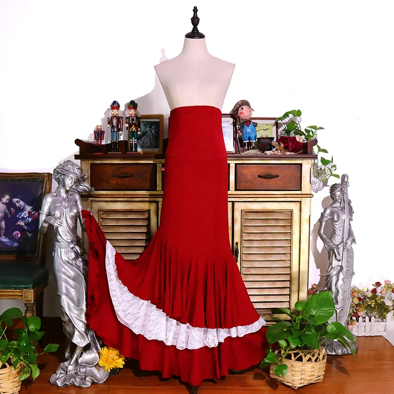 Spanish Flamenco Skirt Fitted Red Modal Cotton Combined with White lace skirt Multiple Colors  EKK13