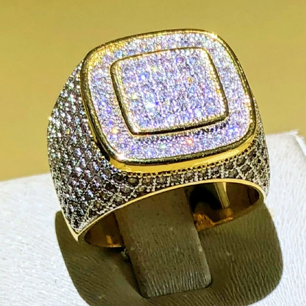 Luxury Hip Hop Micro Pave CZ Stones All Iced Out Bling Ring 925 silver Gold Plated Hip-Hop Rings for Men Jewelry gift party