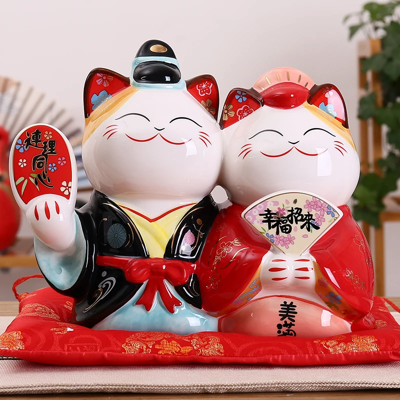 

9 дюймов Свадебные манэки-нэко \ орнамент Керамика пара Lucky Cat подарок для украшения дома фэн-копилка фигурка