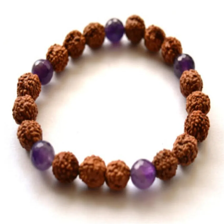 8mm Rudraksha Amethyst Mala Bracelet Wrist Pray Spirituality Handmade Reiki Energy Chakras Stretchy Men Bead Lucky Unisex